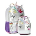 thumbnail interactive-video image 1 of Wonder Nation Critters Mane Event Girls 17" Rainbow Unicorn Backpack and Lunch Bag 2-Piece Set, Silver, 1 of 5