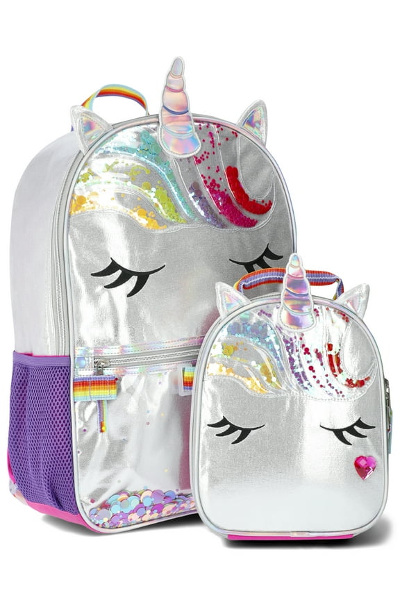 Critters Mane Event Girls 17" Rainbow Unicorn Backpack and Lunch Bag 2-Piece Set, Silver