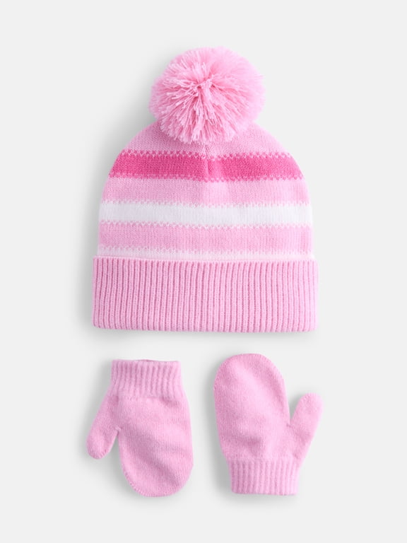 Toddler Boys or Girls Pom Pom Beanie and Mittens Set, 2 Piece, One Size
