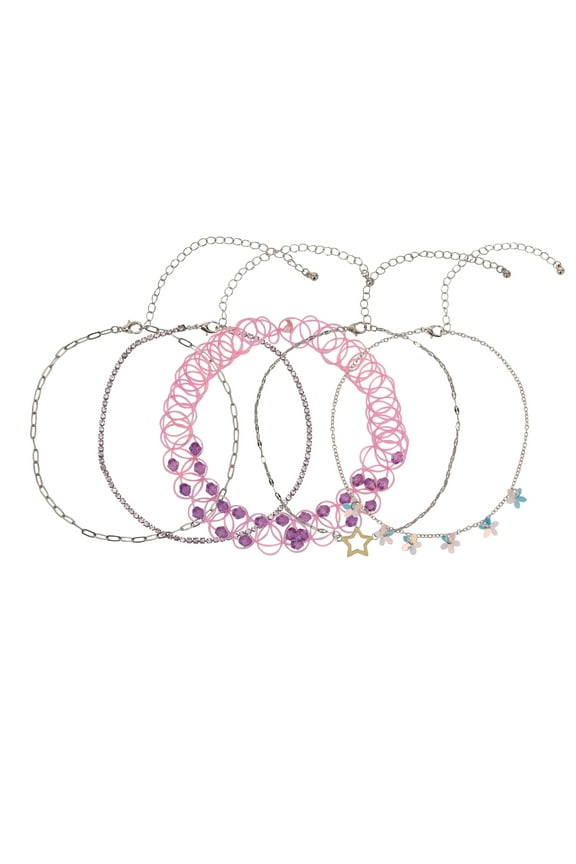 Female 5pc Silver-Tone Flower and Star Choker Set