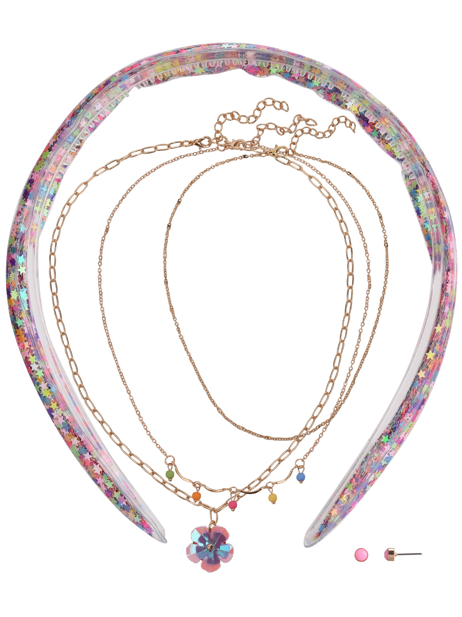 WONDER NATION Female Glitter Heaband 3pc Gold-Tone Flower Multi Necklace & Earring Set