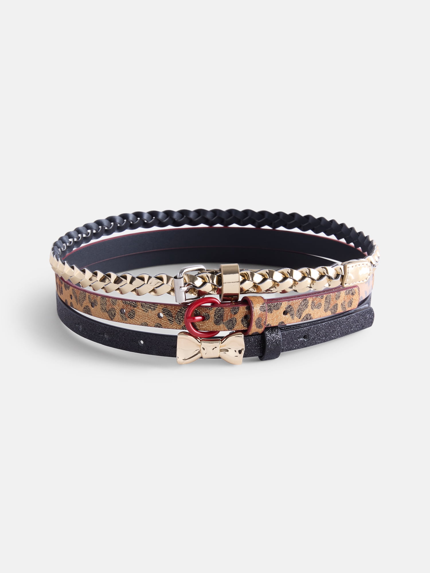 Wonder Nation Girl Gold-tone Braided, Leopard Print and Bow Belts, 3-Pack, Sizes XS-XXL