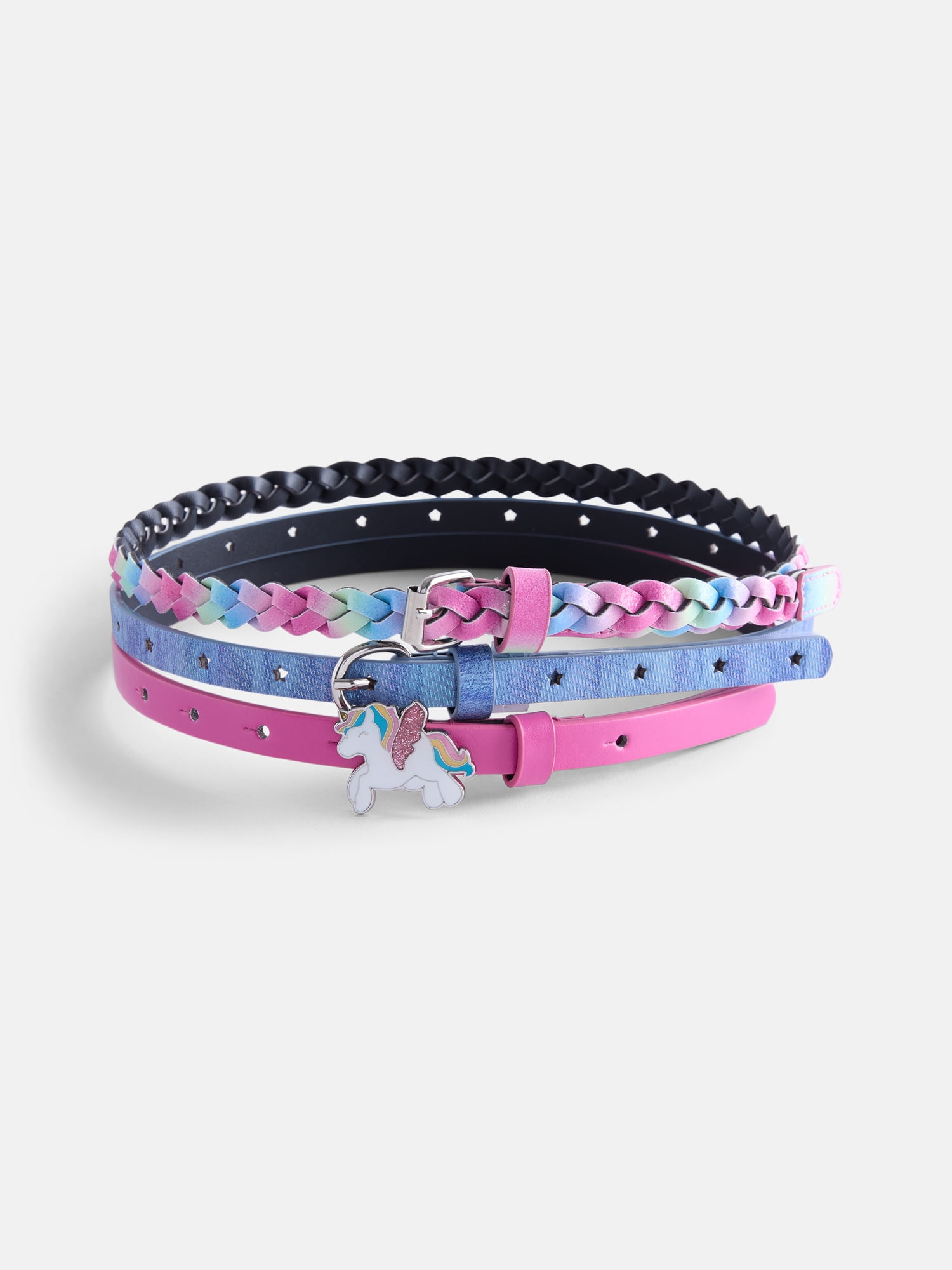 Wonder Nation Girl Rainbow Braided, Star and Unicorn Belts, 3-Pack, Sizes XS-XXL
