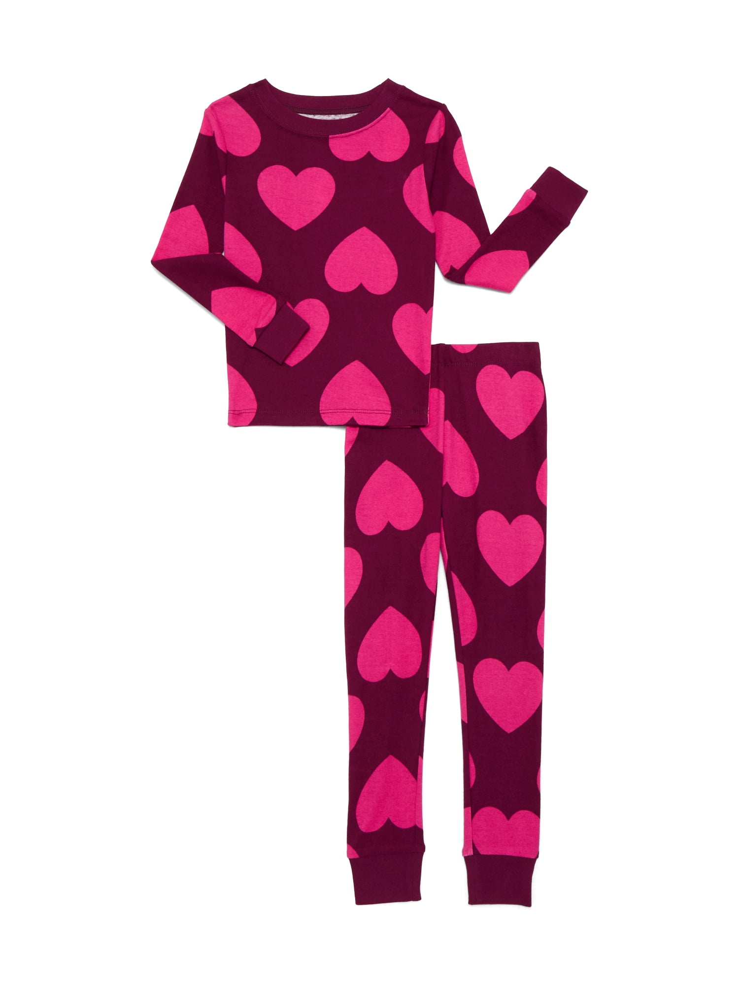 Wonder Nation Girls Cotton Long Sleeve Top and Pants Tight Fit Sleep Set, 2-Piece, Sizes 4-10