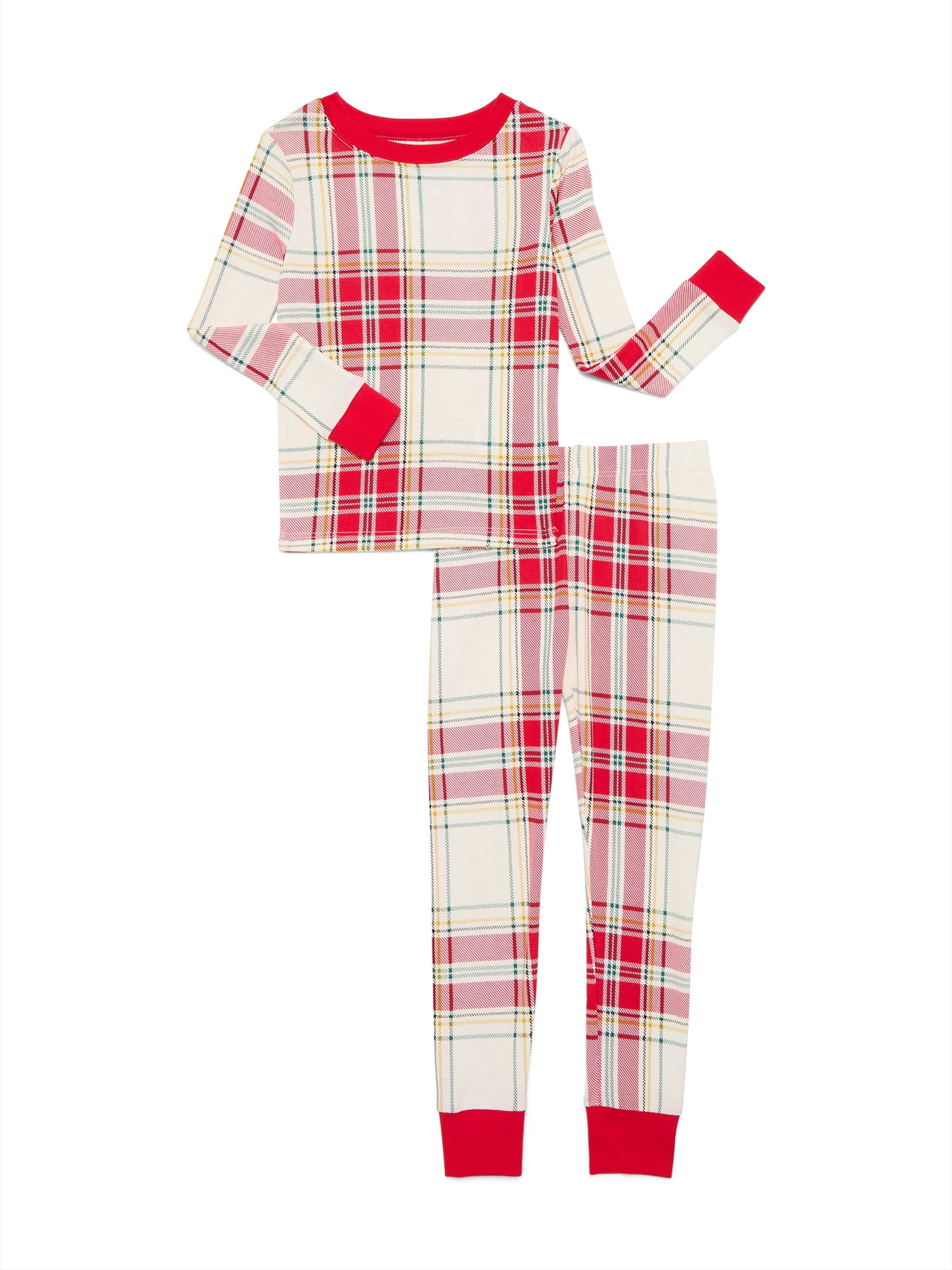 Wonder Nation Girls Cotton Long Sleeve Top and Pants Tight Fit Sleep Set, 2-Piece, Sizes 4-10