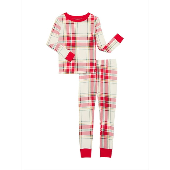Wonder Nation Girls Cotton Long Sleeve Top and Pants Tight Fit Sleep Set, 2-Piece, Sizes 4-10