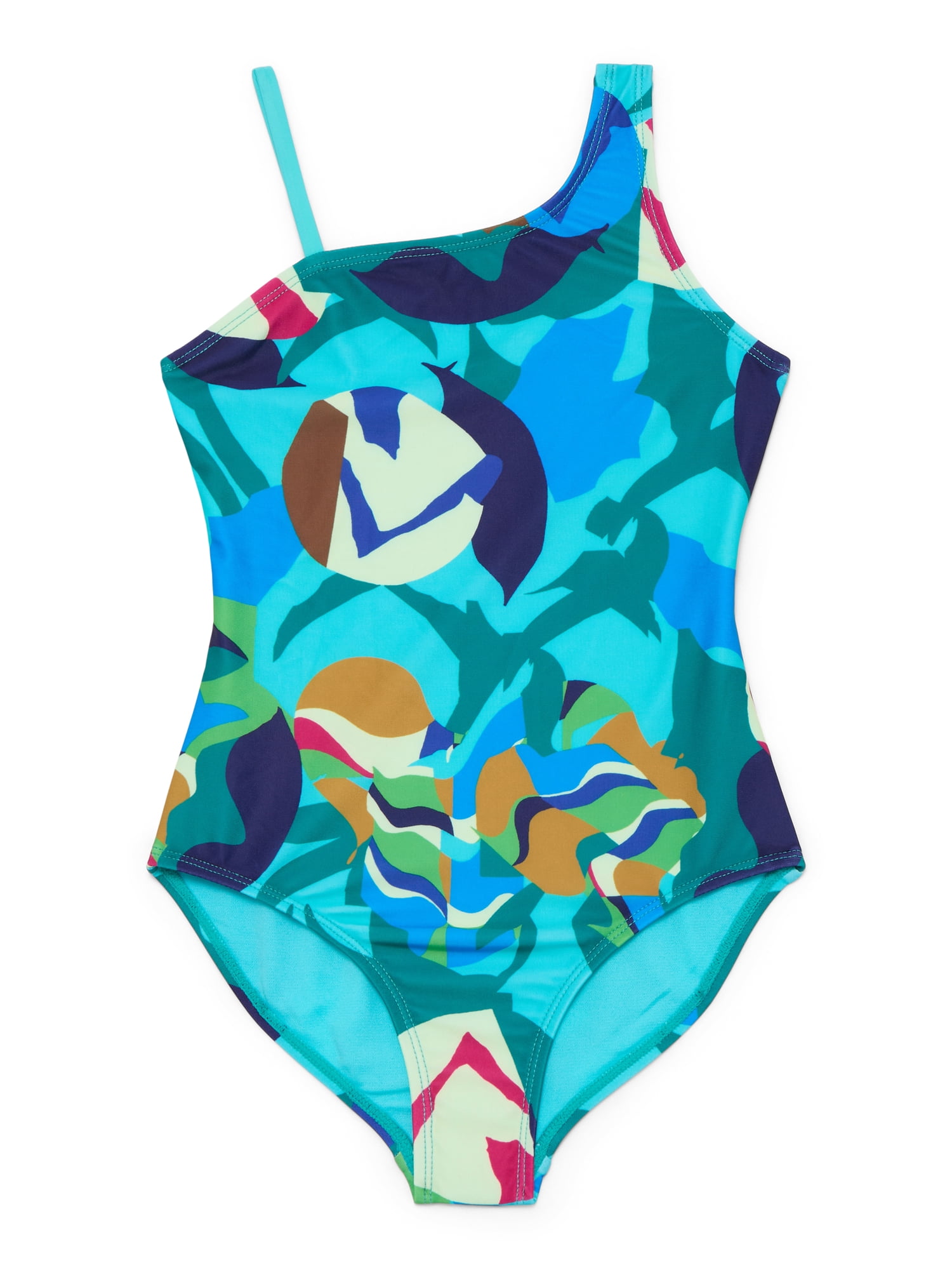 Wonder Nation Girls Asymmetrical Print One Piece Swimsuit, Sizes 4-16
