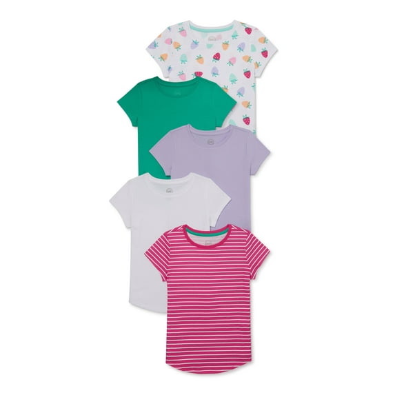 Wonder Nation Girl's Crew Neck Short Sleeve T-Shirt, 5 Pack