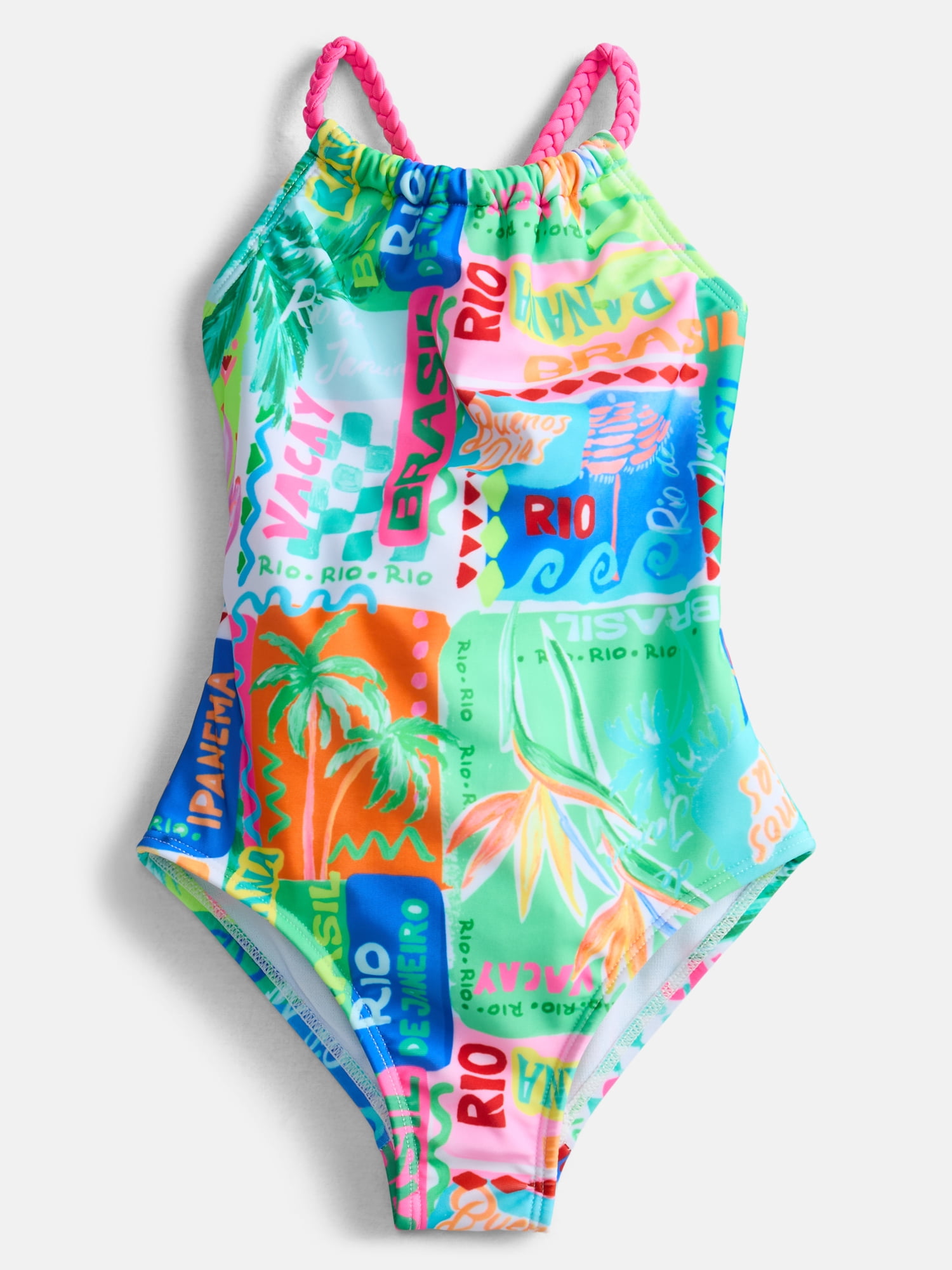 Wonder Nation Girls Cross-Back Strap Print Swim One-Piece, Sizes 4-16