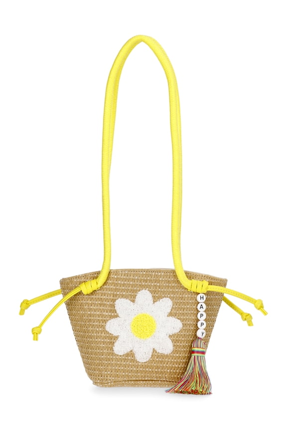 Girls Daisy Straw Crossbody Bag, Yellow