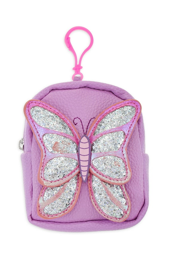 Girl's Glitter Butterfly Pouch Backpack Clip, Purple and Pink