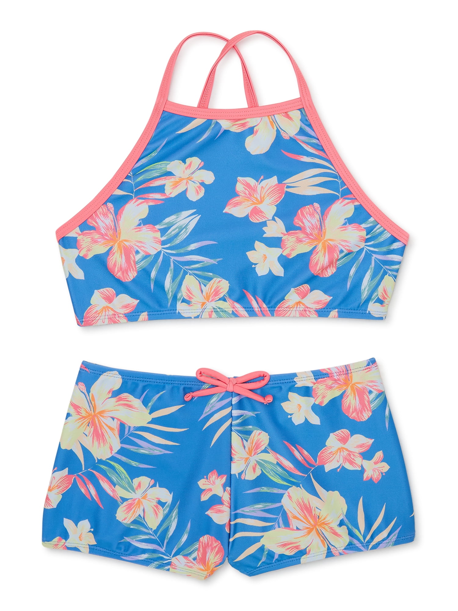 Wonder Nation Girl's Hibiscus Halter Bikini with Shorts, 2Piece, Sizes