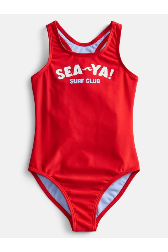 Girls Racerback Print One-Piece with Keyhole Back, Sizes 4-18