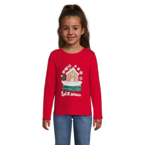 Wonder Nation Girl’s Long Sleeve Embellished Holiday T-Shirt, Sizes 4-18