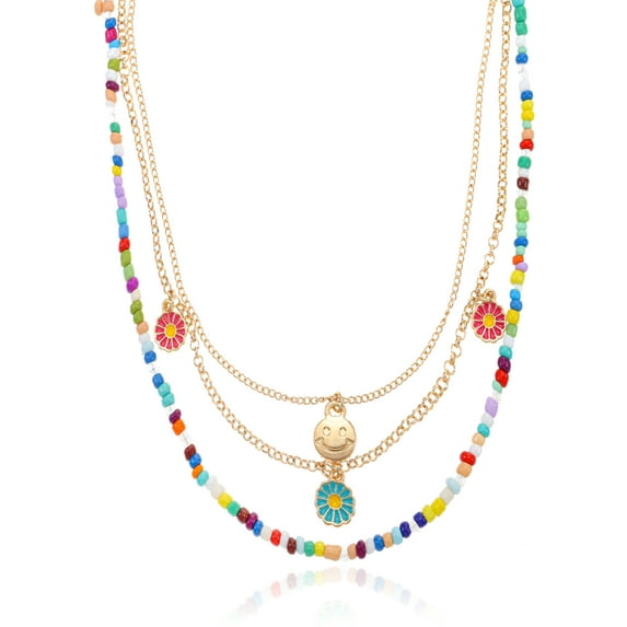 Wonder Nation Girl's Necklace Set, Gold tone and Multicolored Bead Necklaces with Smiley Face Pendant, 3 Piece Set