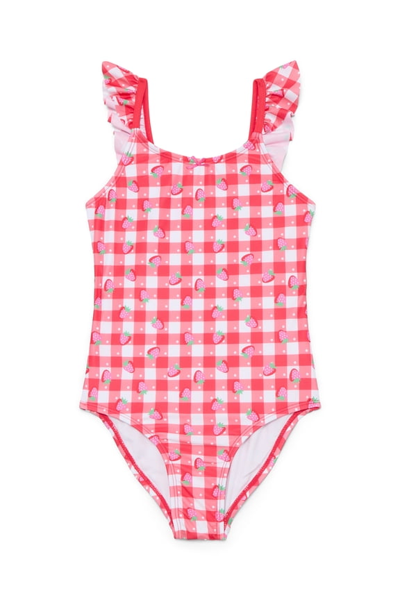 Girls Strawberry Gingham One Piece Swimsuit, Sizes 4-16