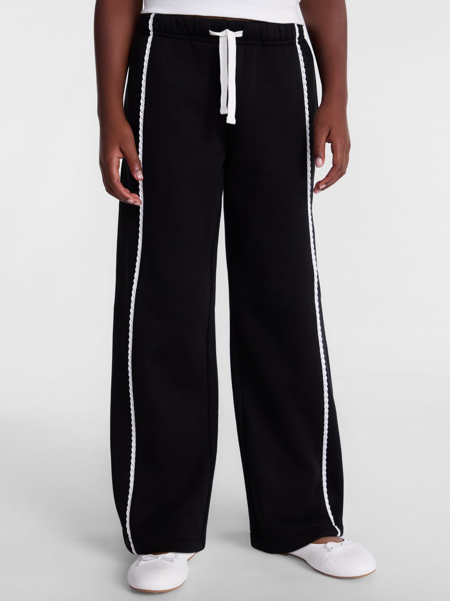 Wonder Nation Girls Wide Leg Sweatpants with Crochet Trim, Sizes 4-18 & Plus