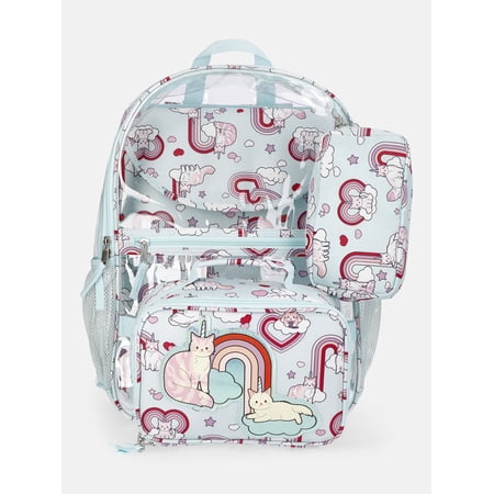 Wonder Nation Kids' Clear Caticorn 17" Backpack, Lunch Tote, Laptop Sleeve and Pouch Set, 4-Piece