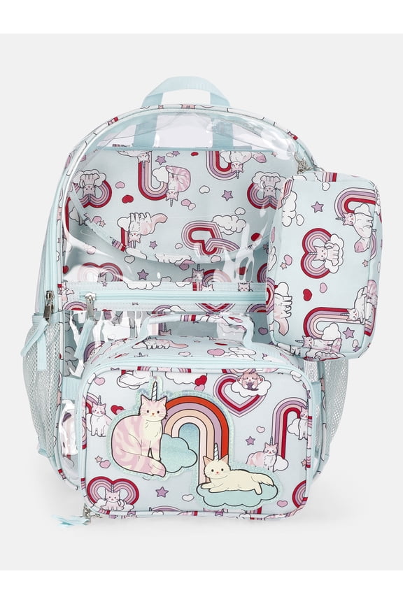 Kids' Clear Caticorn 17" Backpack, Lunch Tote, Laptop Sleeve and Pouch Set, 4-Piece