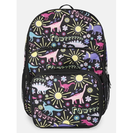 Wonder Nation Girls 17" Fossil Gardens Dinosaur Backpack & Lunch Set, Black