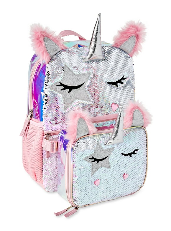 Wonder Nation Girls 17" Laptop Backpack with Lunch Bag 2-Piece Set, Pink Multi-Color Unicorn Queen