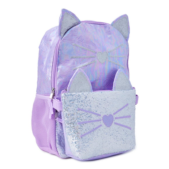 Wonder Nation Girls 17" Laptop Backpack with Lunch Bag 2-Piece Set, Purple Kitty