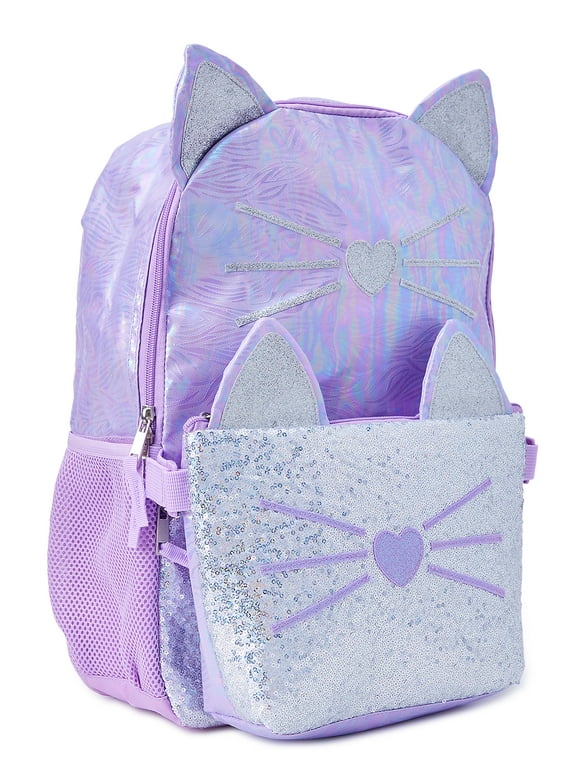 Wonder Nation Girls 17" Laptop Backpack with Lunch Bag 2-Piece Set, Purple Kitty