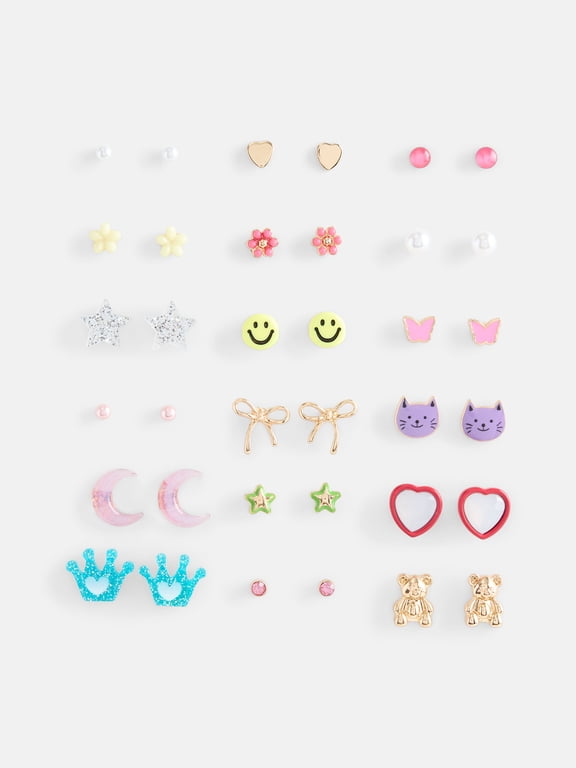 Girls 18 Pairs Assorted Earrings, Multi