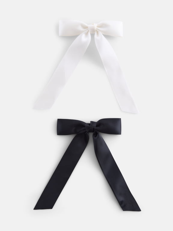 Girls Skinny Satin Hair Bows, 2-Pack, Ivory/Black