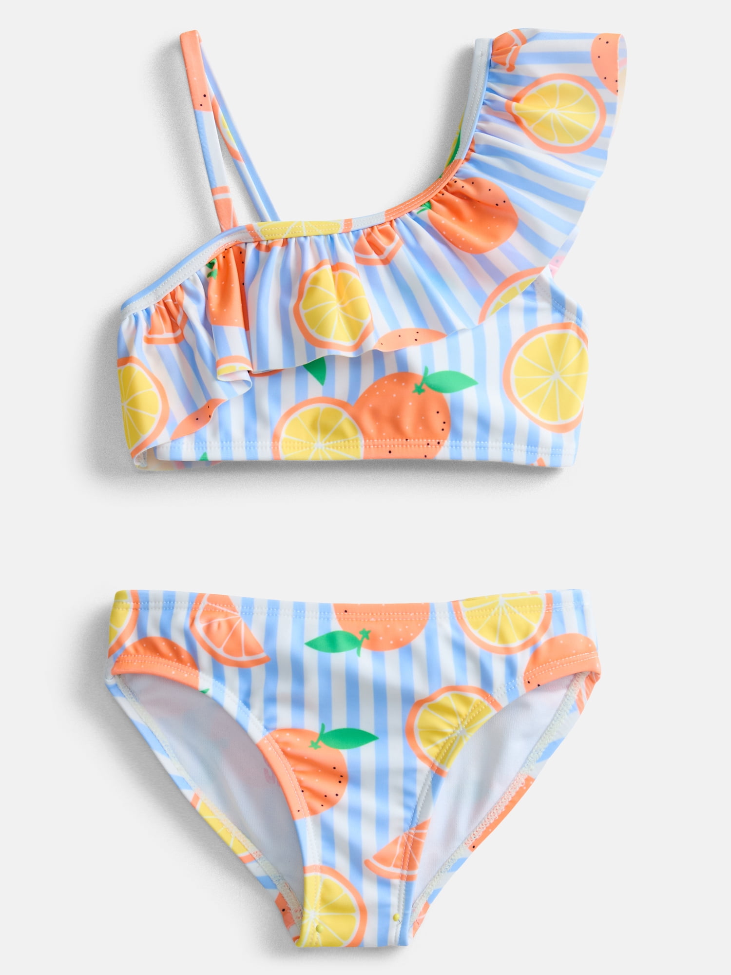 Wonder Nation Girls Citrus Print Ruffle Swimsuit Top and Bottom Set with UPF 50, 2-Piece, Sizes 4-18