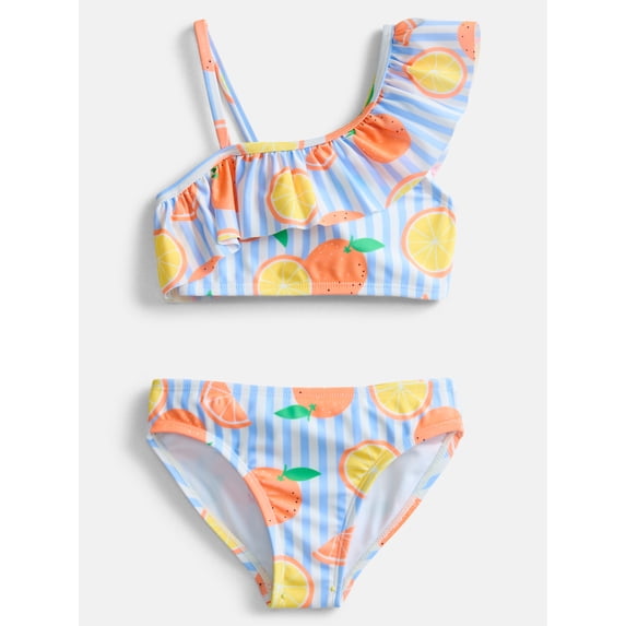 Wonder Nation Girls Citrus Print Ruffle Swimsuit Top and Bottom Set with UPF 50, 2-Piece, Sizes 4-18