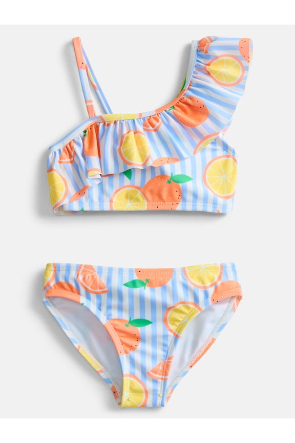 Girls Citrus Print Ruffle Swimsuit Top and Bottom Set with UPF 50, 2-Piece, Sizes 4-18