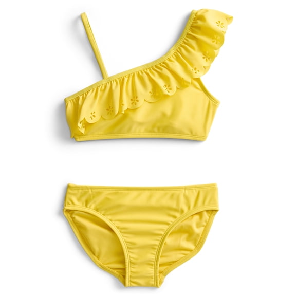 Wonder Nation Little and Big Girls Ruffle Sunshine Bikini Swimsuit with UPF50, 2-Piece, Sizes 4-16