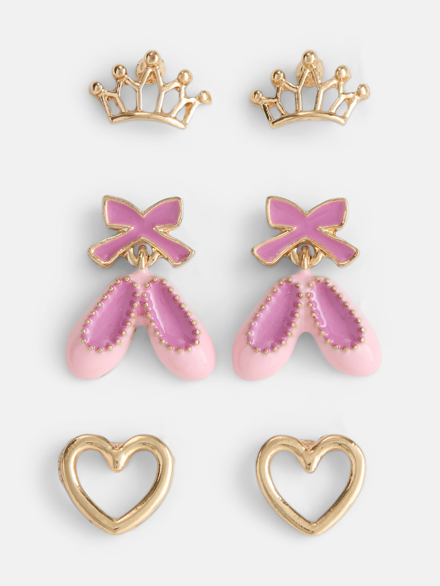 Wonder Nation Girls 3 Pairs Ballerina Earrings, Gold/Pink