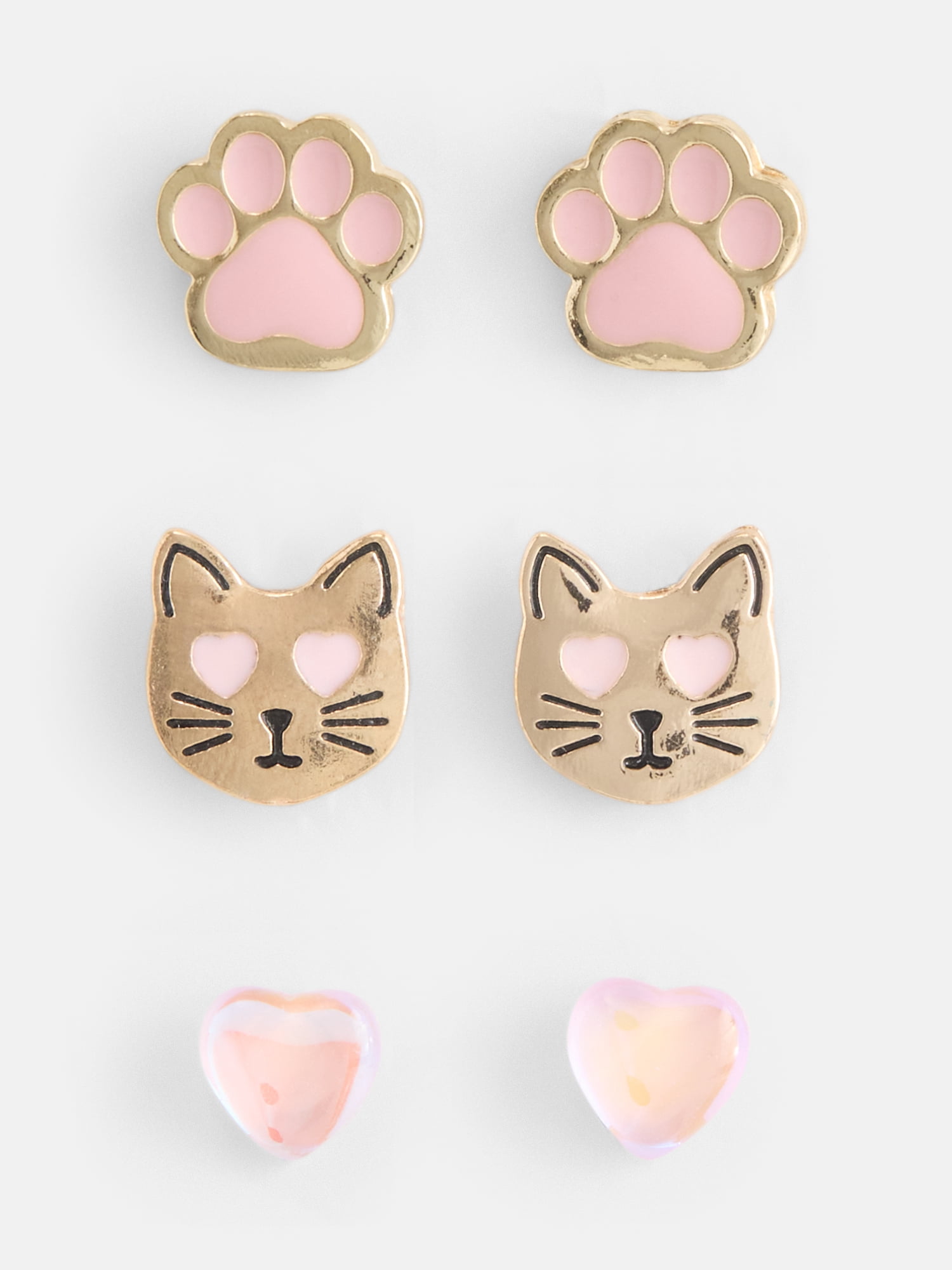 Wonder Nation Girls 3 Pairs Cat Earrings, Gold/Pink