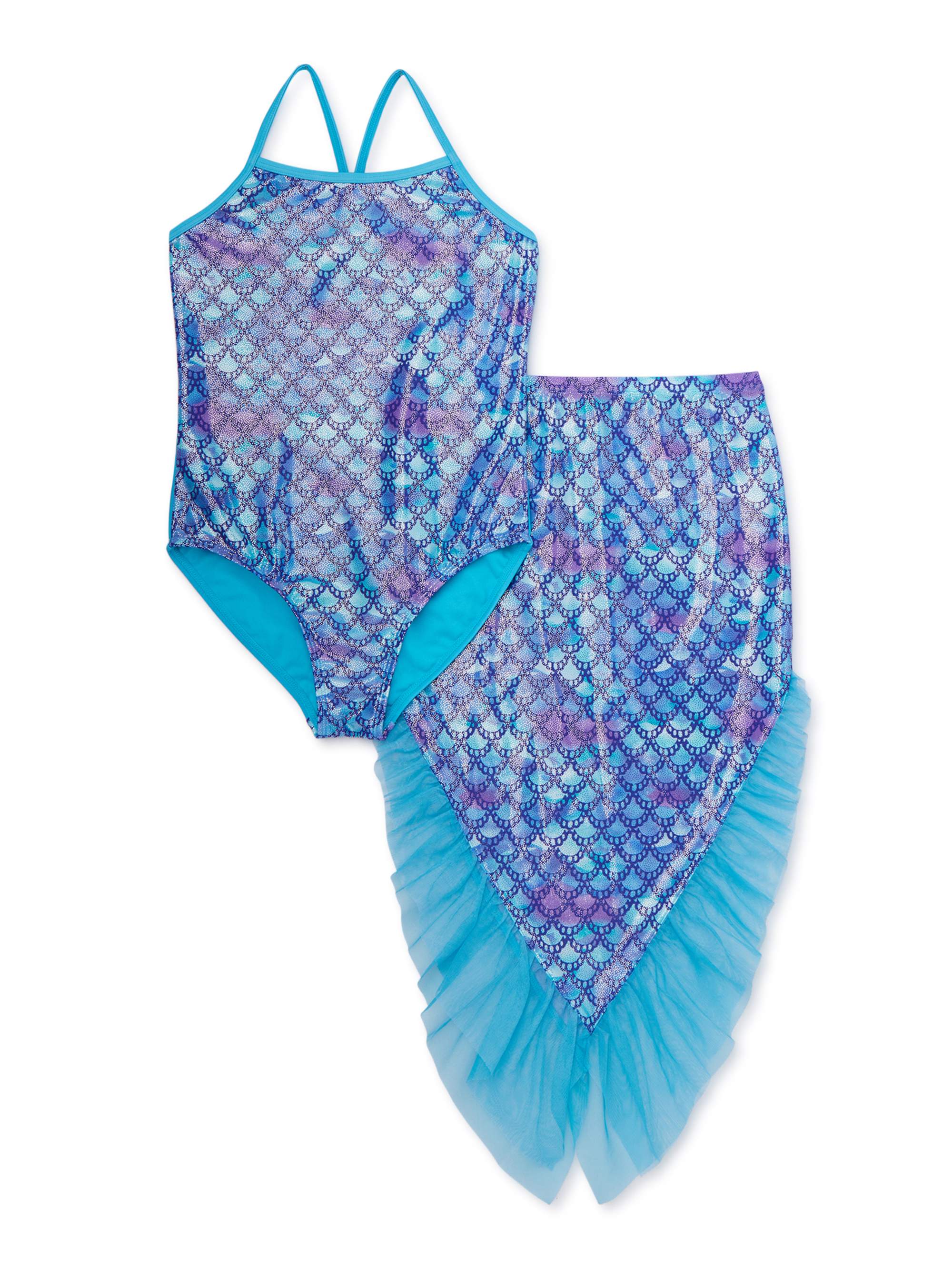 Wonder Nation Girls 4 18 Plus Mermaid One Piece Swimsuit and Mermaid Tail Cover up 2 Piece Set Walmart
