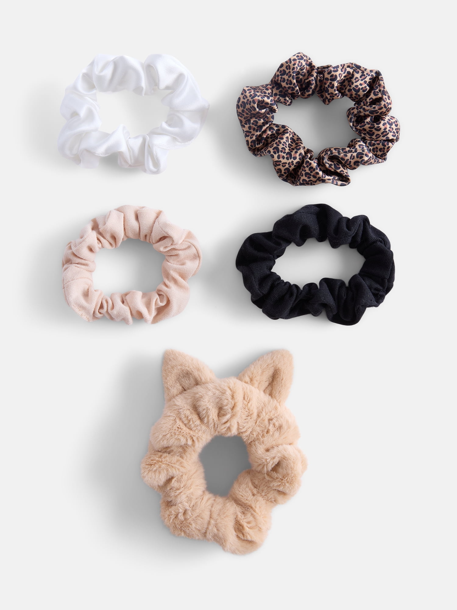 Wonder Nation Girls Solid Colors and Animal Print Scrunchies, 5-Pack, Multi