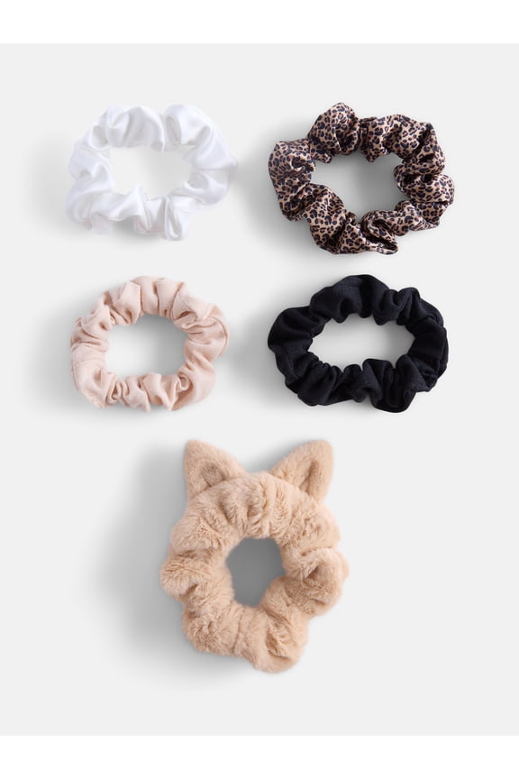 Girls Solid Colors and Animal Print Scrunchies, 5-Pack, Multi