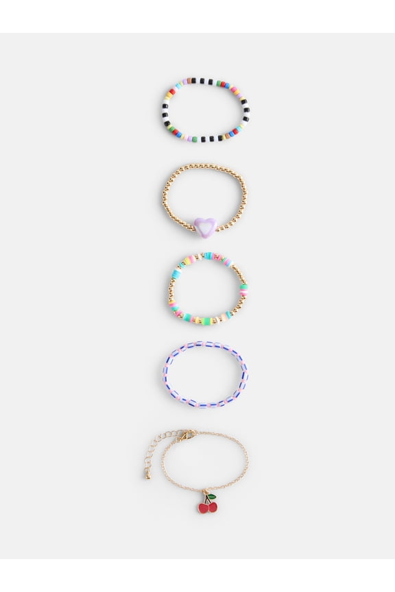 Girls 5-Pack Cherry Bracelet Set, Gold/Multi