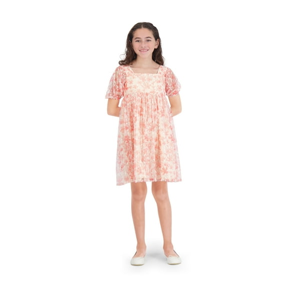Wonder Nation Girls Apricot Printed Metallic Mesh Dress, Sizes 4-16 & Plus