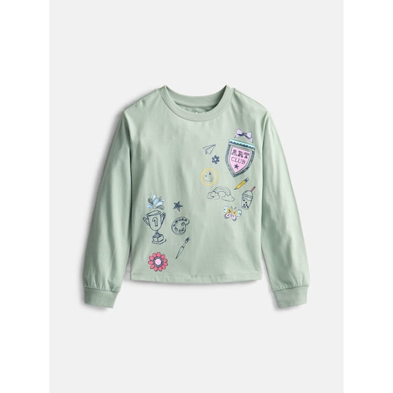 Wonder Nation Girls Graphic Art Club Tee with Long Sleeves, Sizes 4–18