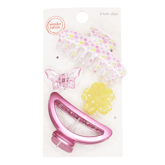Wonder Nation Girls Assorted Claw Clips, 4-Piece, Multi