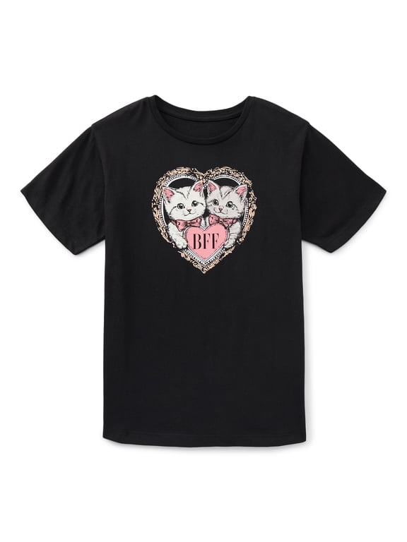 Girls BFF Cats Graphic Tee with Short Sleeves, Sizes 4-18