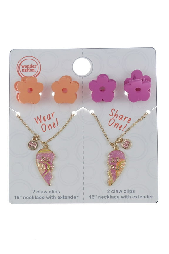 Girls' BFF Necklace and Hair Clip Set, 6-Piece