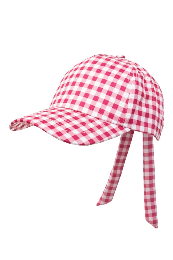 Girls Baseball Hat, Red and White Gingham Print Tie Back