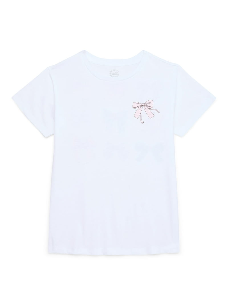 Wonder Nation Girls Bonjour Bows Graphic Print Crewneck Tee