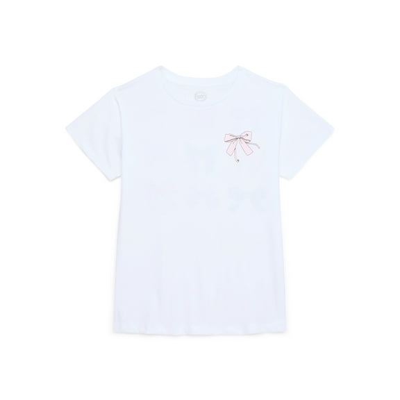 Wonder Nation Girls Bonjour Bows Graphic Print Crewneck Tee with Short Sleeves, Sizes 4-18
