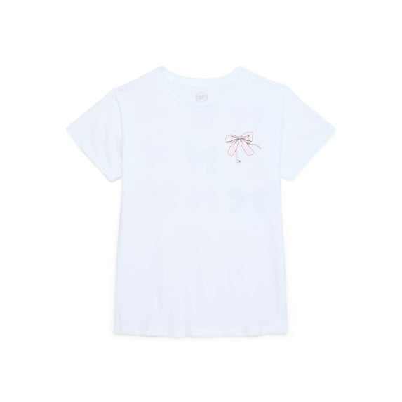 Wonder Nation Girls Bonjour Bows Graphic Print Crewneck Tee with Short Sleeves, Sizes 4-18