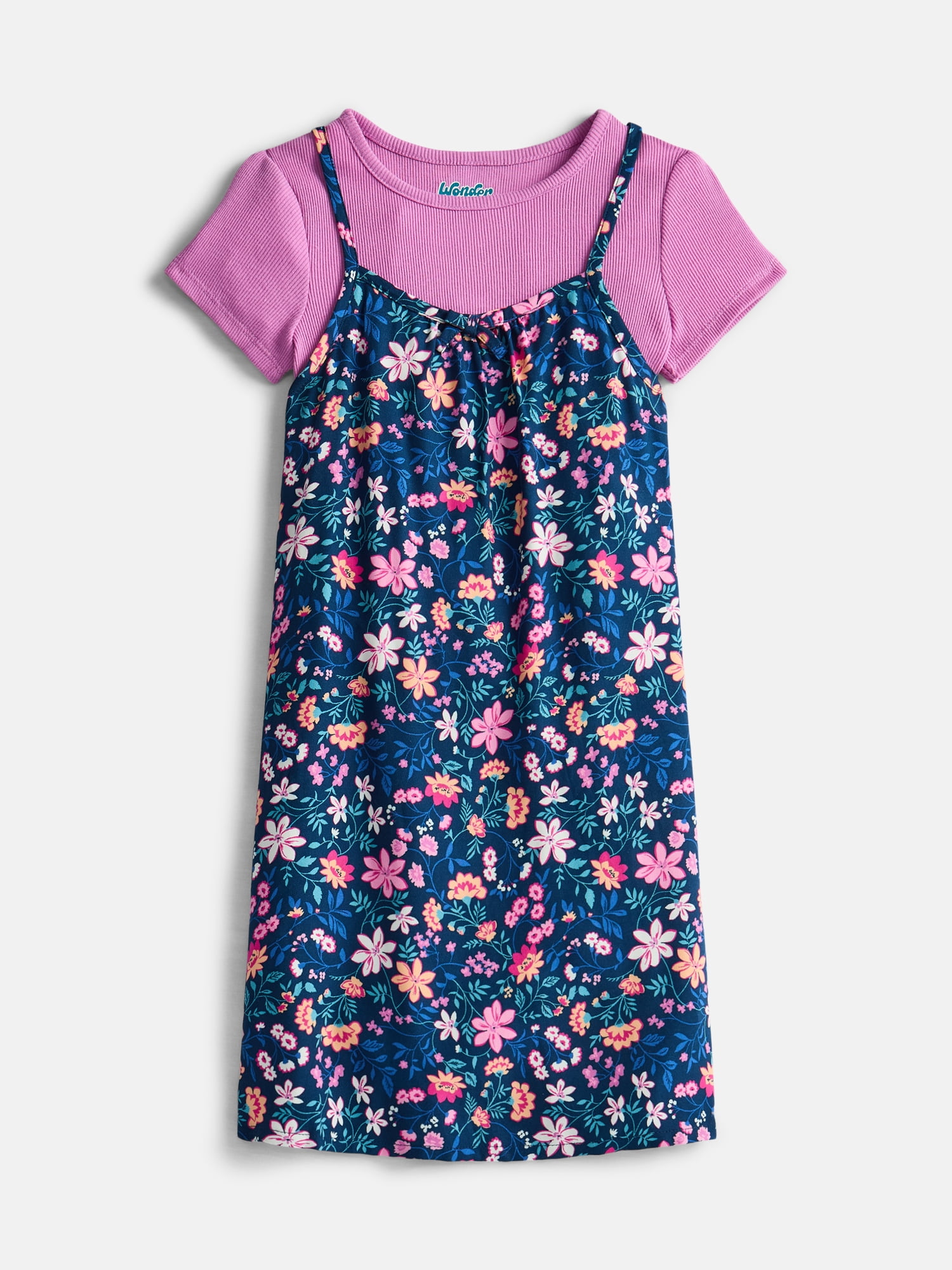 Wonder Nation Girls Bow Front Cami Dress and Tee, 2-Piece Outfit Set, Sizes 4-18