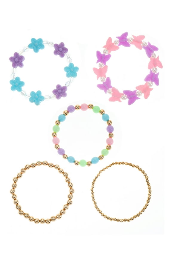 Girls Butterflies & Flowers Beaded Stretch Bracelets, Pastel Multicolored, 5 Pieces